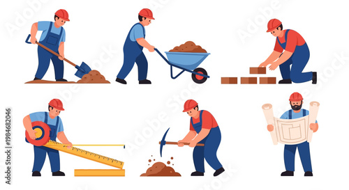 Construction workers performing various tasks on a building site.