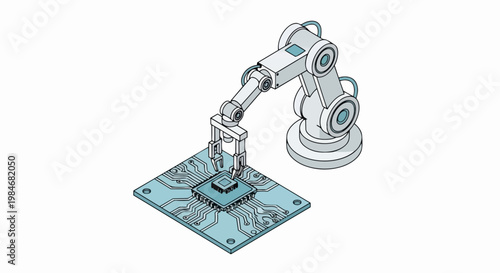 Isometric Robotic Arm Assembling Microchip on Circuit Board for Industrial Automation and Electronics Manufacturing Concept