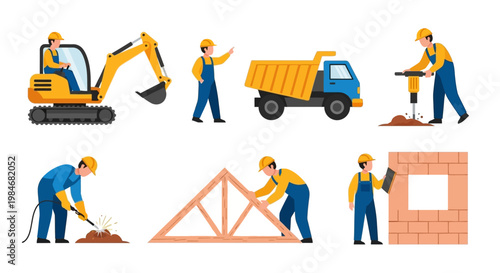 Construction workers and heavy machinery at various stages of building projects.