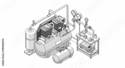 Isometric Industrial Air Compressor System Illustration, Mechanical Engineering Technical Drawing with Tanks, Gauges, and Pipes