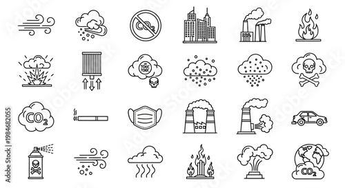 Diverse line art icons depicting environmental pollution, poor air quality, industrial emissions, carbon dioxide, and the global warming crisis