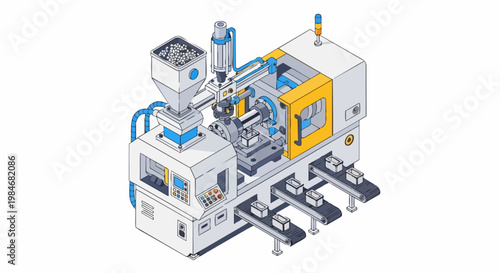 Isometric Industrial Injection Molding Machine for Plastic Manufacturing Process with Conveyor Belts and Control Panel