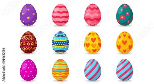 A collection of twelve vibrantly colored and ornately decorated Easter eggs, showcasing diverse patterns and designs on a clean white background