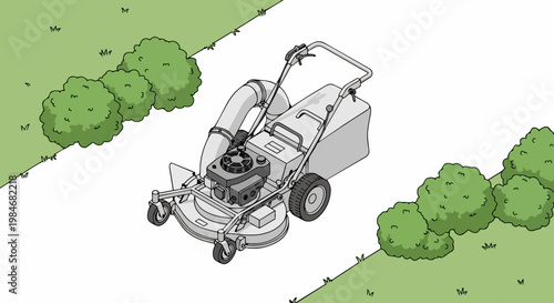 Professional Commercial Walk-Behind Lawn Mower Illustration on a Garden Path with Manicured Green Grass and Landscaped Bushes