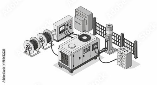Isometric 3D Industrial Power Generator and Cable Reel Equipment Illustration for Engineering and Manufacturing Concepts