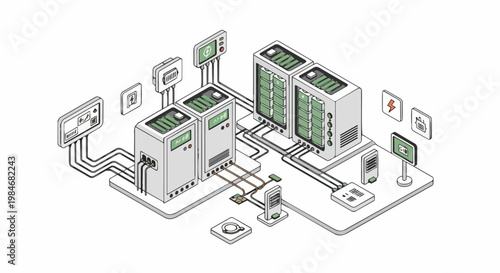 Isometric Battery Energy Storage System (BESS) Illustration, Industrial Power Management, Renewable Energy Infrastructure, and Smart Grid Technology Diagram