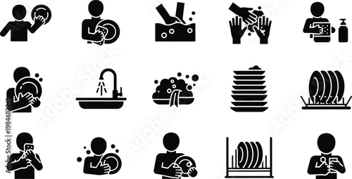 Dishwashing and kitchen cleanup icon set featuring plates sink soap bubbles and drying racks