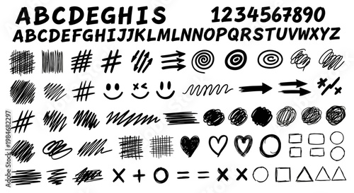 A comprehensive collection of hand-drawn vector elements featuring scratchy alphabets, numbers, and diverse doodle shapes for creative design projects and unique visual communication