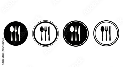 Set of four circular icons featuring black and white silhouettes of cutlery, representing dining and food establishments