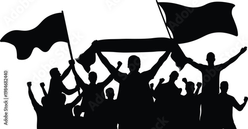 Football fans silhouettes with flags and scarves cheering supporters isolated on white background