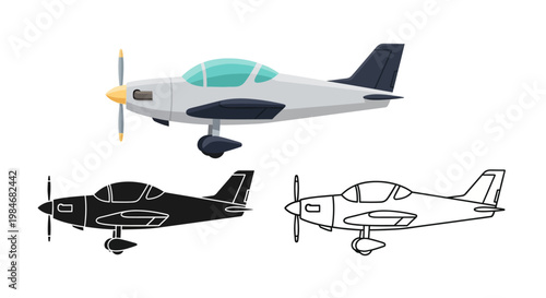 Small propeller plane in three styles - color, silhouette, and outline.