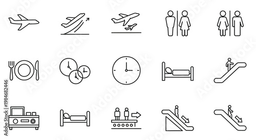 Collection of Airport and Travel Icons Planes, Hotels, Clocks, and Escalators