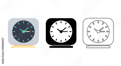 Set of three alarm clocks in different styles, flat, silhouette, and outline.