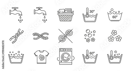 A set of icons depicting laundry and garment care symbols, useful for labeling clothing or care instructions