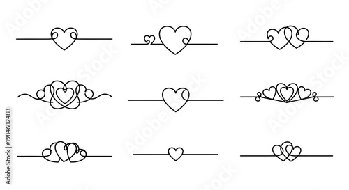 Collection of simple, elegant heart line art dividers for design projects and decorations