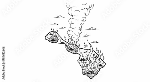 Stylized map of islands on fire, with smoke rising into the sky and clouds
