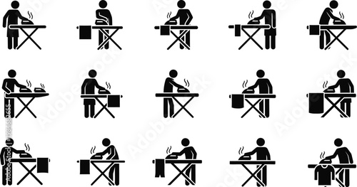 Set of ironing icons illustrating laundry care garment pressing and domestic chores with housework