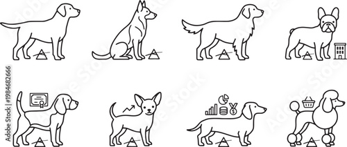 Business and investment dogs analyzing market trends and achievements
