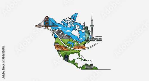 Stylized map of North America with landmarks and varied geography