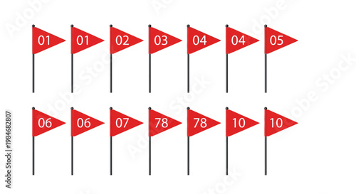 Collection of Red Numbered Pointer Flags Vector Icons – Ideal for Location Markers, Progress Steps, or Sequential Tracking in Digital Designs and Infographics