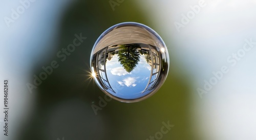 A single water bubble reflects the sky and trees.