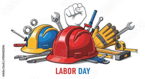 Labor Day celebration with construction tools and hard hats illustration
