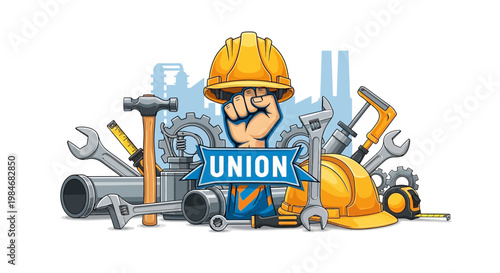 Labor union worker with tools and hard hat showing strength