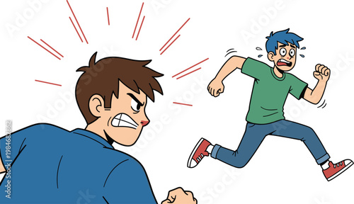 Man chasing another person vector illustration featuring angry pursuer running after frightened man action cartoon scene isolated design