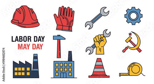 Labor day graphic illustration with various worker tools and symbols