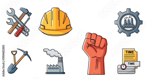 Industrial icons set with construction and factory elements