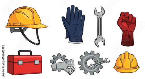Construction tools and safety equipment vector illustration set