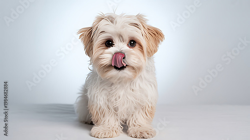 Adorable Maltese Dog Looking at Camera with Tongue Out on White Background

