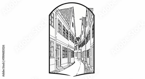Stylized sketch of a narrow street lined with old buildings under an arch