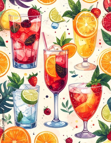 Vibrant drinks pattern with fruit slices, ice, & leaves on cream