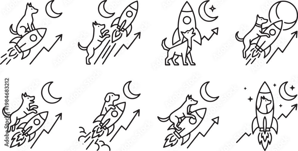 Fototapeta premium Motivated dogs riding rockets representing high growth and financial success metaphors