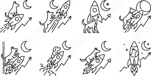 Motivated dogs riding rockets representing high growth and financial success metaphors