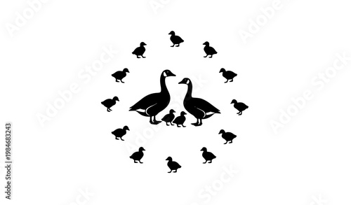 Minimal goose family silhouette with goslings in circular decorative composition vector illustration