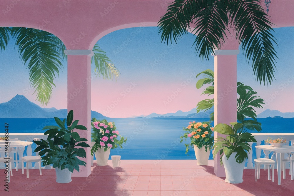 Fototapeta premium Tropical seaside terrace illustration in pastel colors and soft style