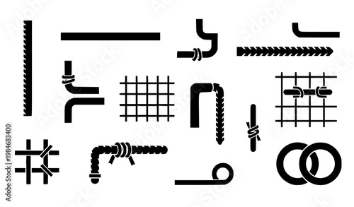 Minimal rebar icon set with construction reinforcement symbols in bold flat vector style