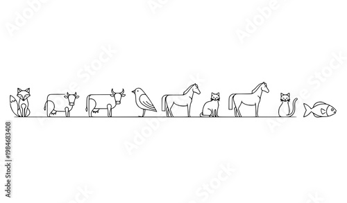 Minimal line animal collection with different species and poses in elegant outline vector set