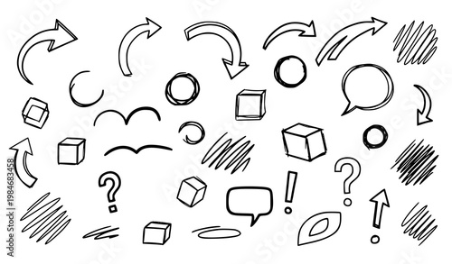 Playful hand drawn doodle symbols arrows circles and sketch elements for creative design use