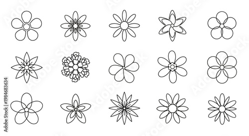 Collection of simple line art flower icons for graphic design and artistic projects