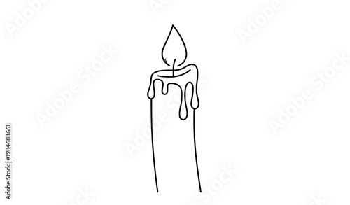 Modern lit candle with dripping wax line art vector design on white background