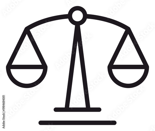 Schilderij op canvas Scales of Justice Vector Icon Illustration, Minimalist Black Line Art Symbol for Law, Legal System, Courtroom, Equality, and Judgment, Scalable Graphic Design Element on White Background