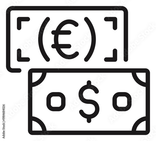Canvas Print Dual currency paper bills representing transcontinental fiscal trade, dark silhouette graphic of legal tender notes for global economics, foreign market transactions, and banking services
