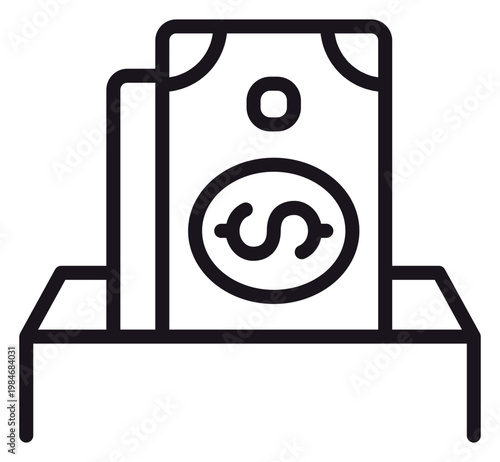 Foto Black vector icon illustration of a donation box with dollar bills, representing charity, financial contribution, payment, or savings, minimalist line art symbol isolated on white background