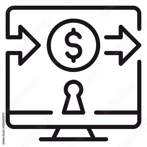 Konstfotografi Secure digital money transfer and online banking vector icon featuring a computer monitor with a dollar sign, directional arrows for transactions, and a keyhole symbol for financial security
