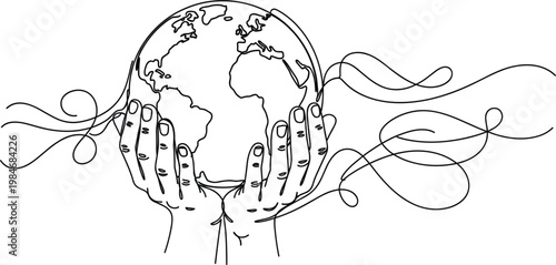 Hands Holding Earth Line Art Illustration with Global Care, Environmental Protection, Sustainability, and World Support Concept in Minimal Outline Vector Style