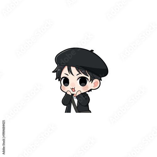 Cute cartoon character in black beret.