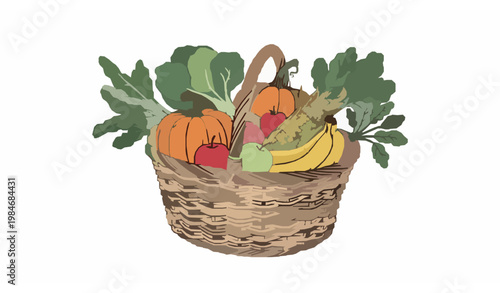 Hand drawn wicker basket with fresh fruits and vegetables rustic organic harvest vector illustration